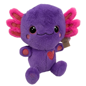 Lila Plüsch-Axolotl mit pinken flauschigen Kiemen und Herz-Detail, sitzend ca. 35 cm